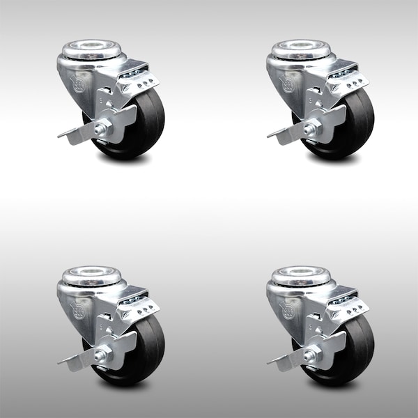 3.5 Inch SS Soft Rubber Wheel Swivel Bolt Hole Caster Set with Brake SCC